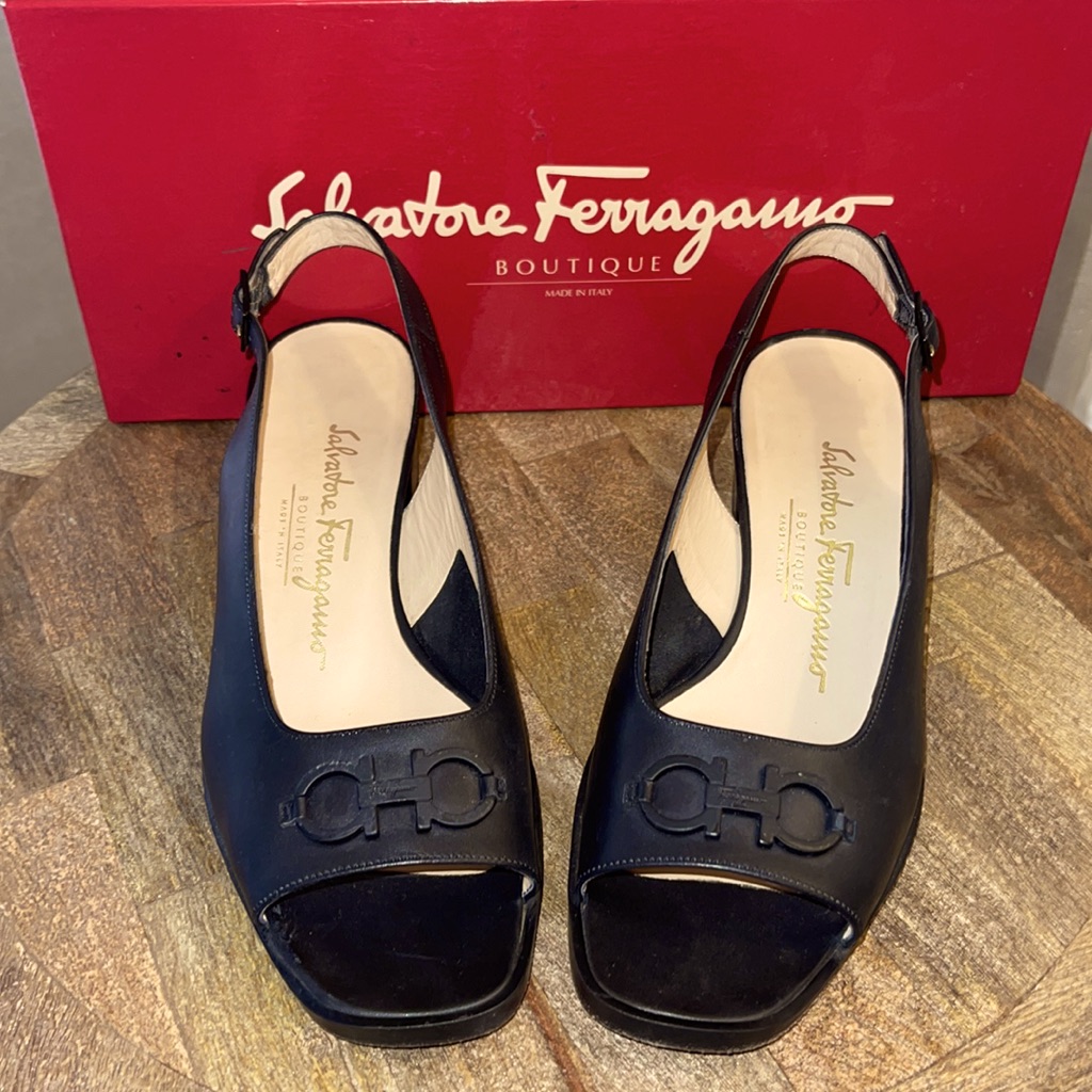 Salvatore Ferragamo Black Peep Toe Slingbacks